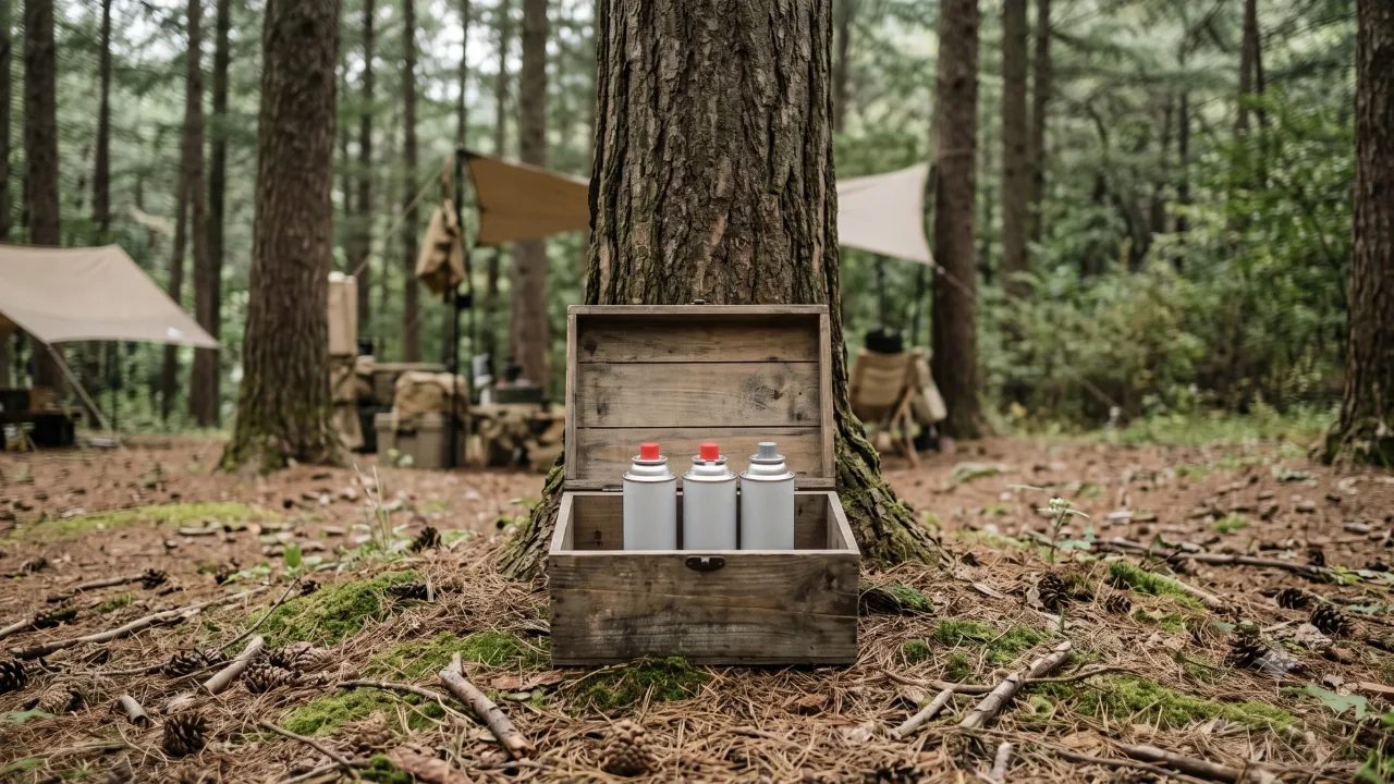 Three butane gas cans standing in an open wooden crate in the shade of a tree