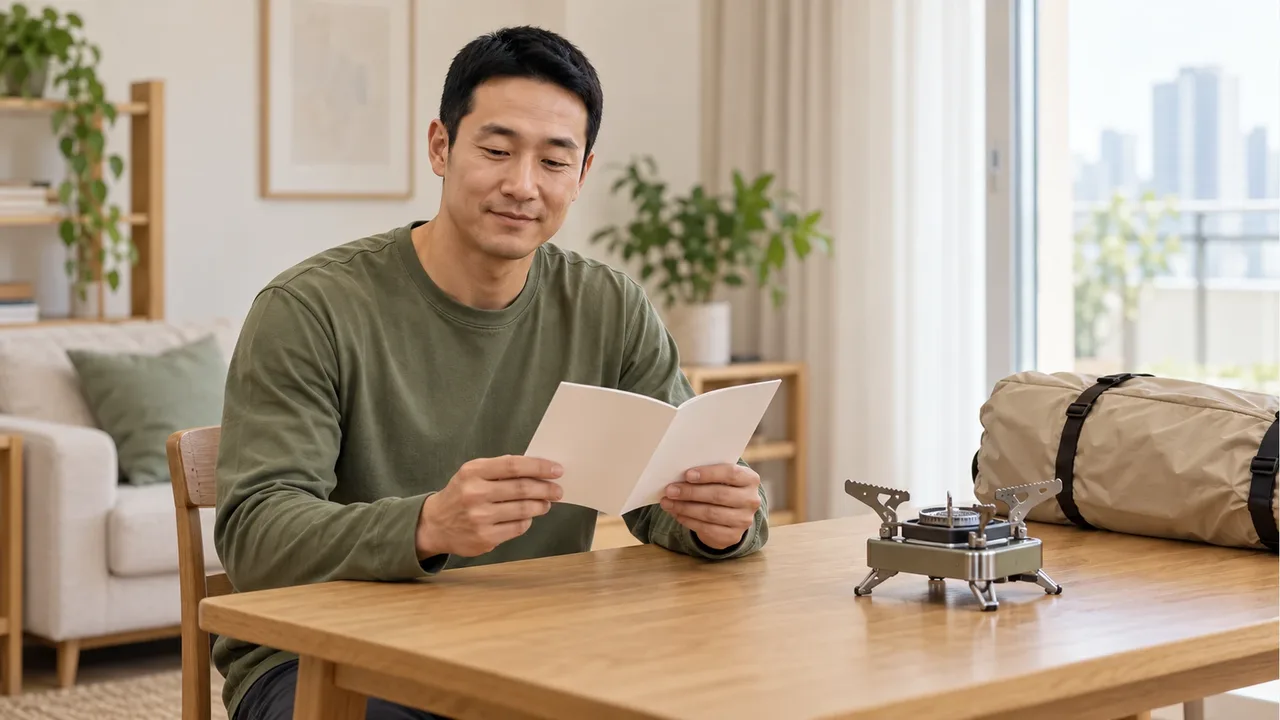 올리브색 긴팔 티셔츠를 입은 남성이 오크 책상에서 빈 소책자를 펼쳐 보고 옆에 연료를 연결하지 않은 버너와 텐트 가방이 놓인 모습