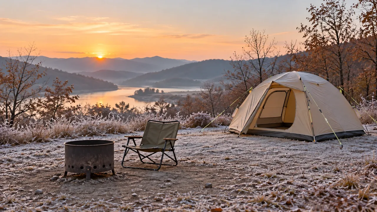 A cold black steel fire pit on bare ground away from a beige dome tent entrance at a frosty campsite, with an empty low camp chair and lime glow cord on the tent lines