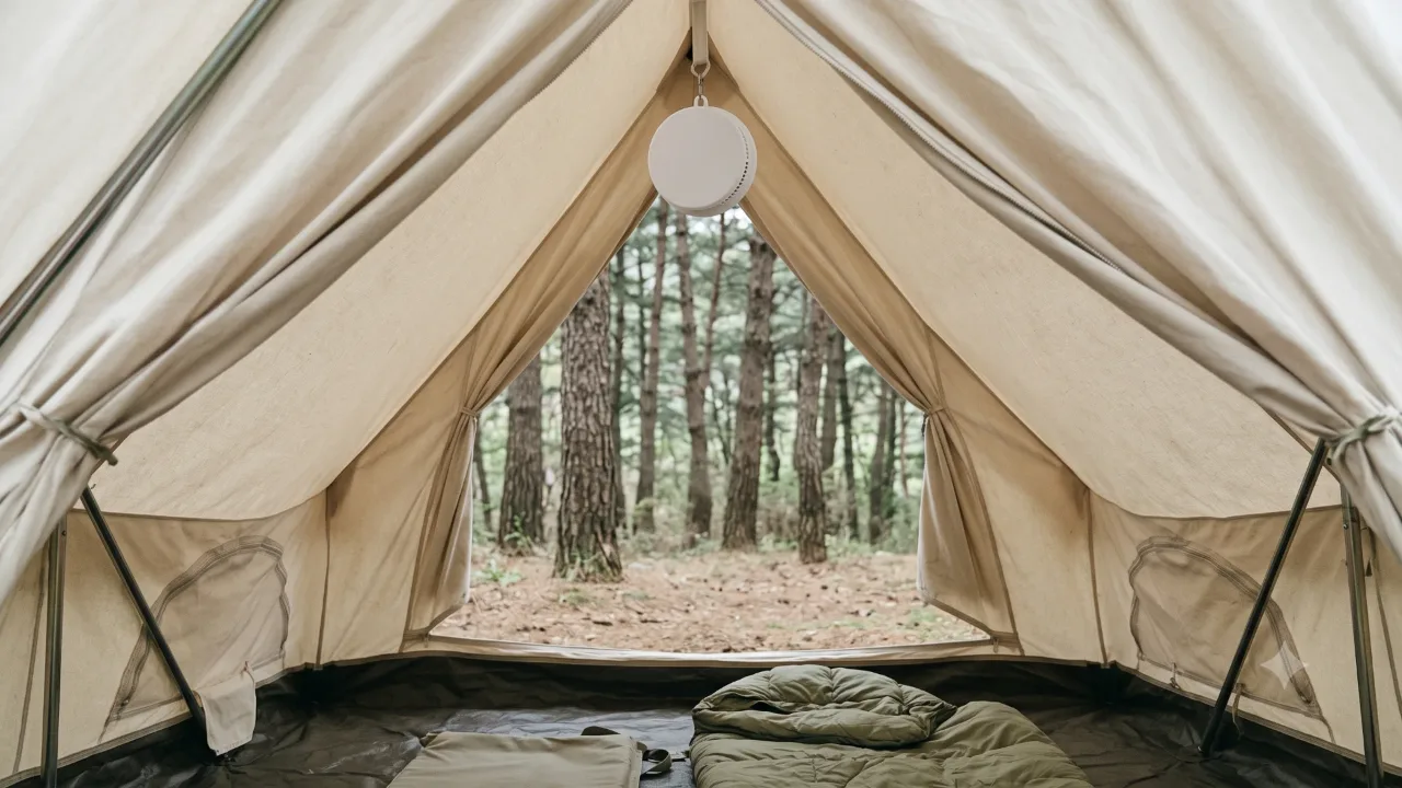 A small round white alarm hanging from a hook on the tent ceiling, with a sleeping bag spread out on the floor