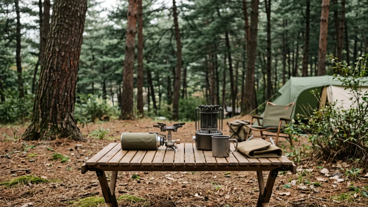 A switched-off single-burner stove and gas can on a wooden camping table in the forest, with a small gas heater