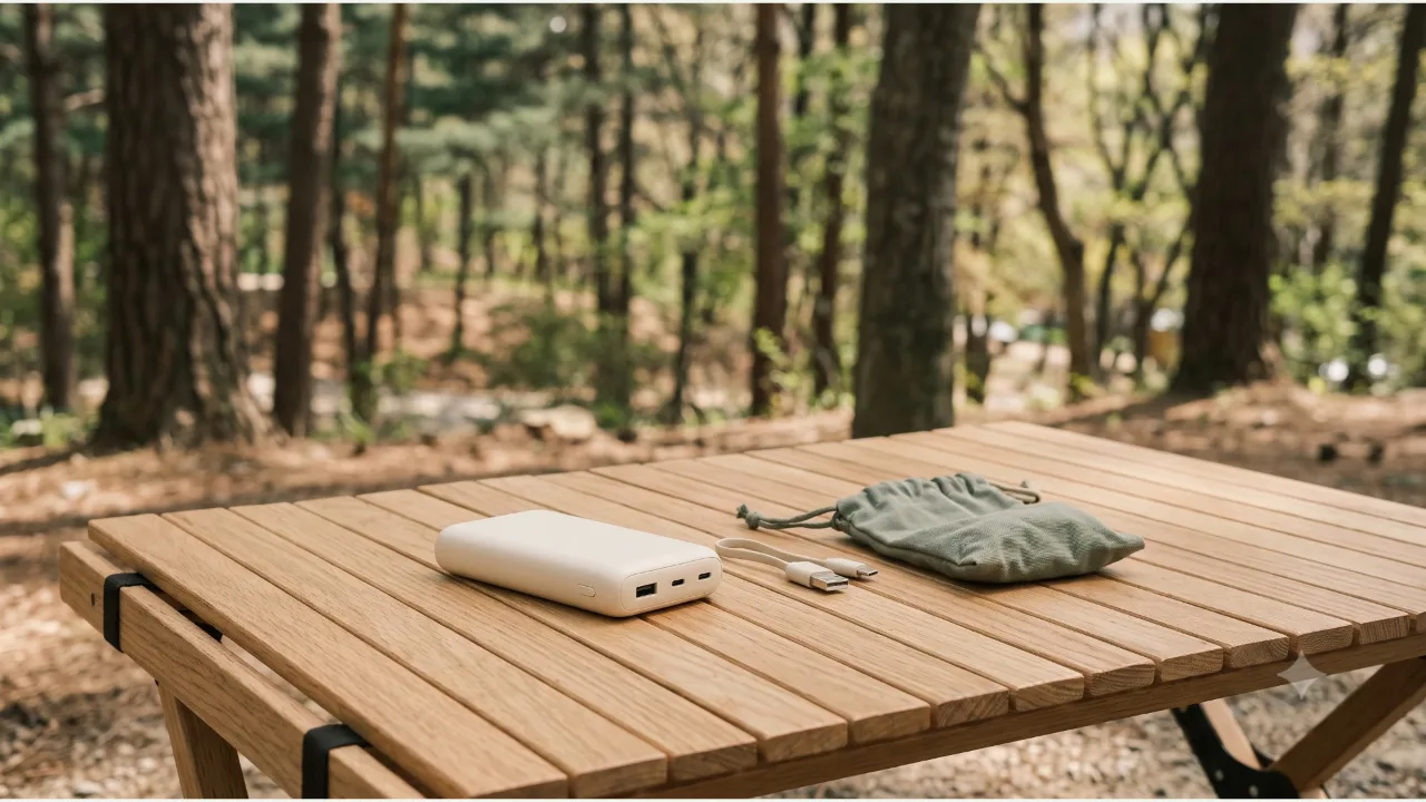 A small cream power bank on a dry wooden table, with an unplugged USB cable and a sage-colored pouch