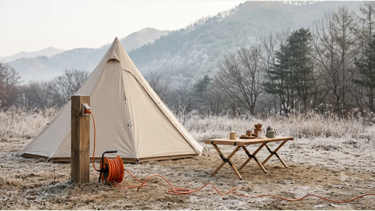 At a frost-covered campsite, an orange cord reel plugged into a wooden power post beside a beige tent trails unspooled along the ground, with a folding wooden table and a cup on the right