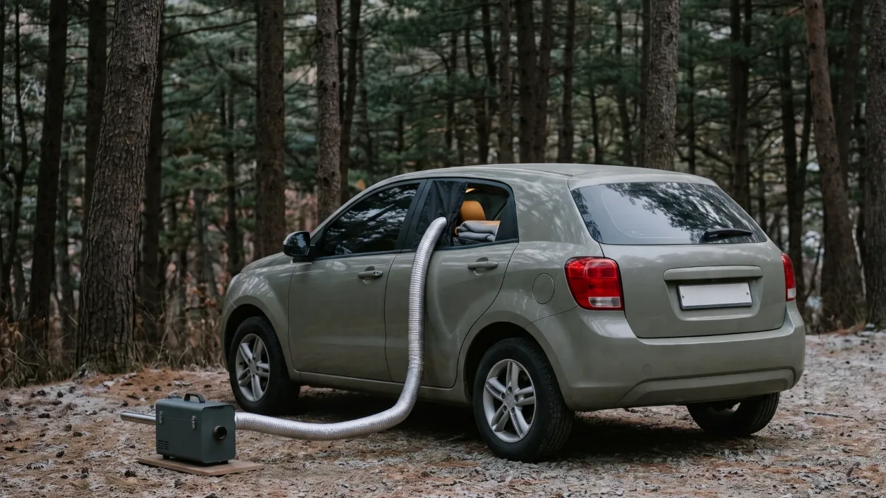 A small hatchback parked in a frosty pine forest campsite with its rear hatch closed, and a silver duct running from a portable heater on a wooden board outside the car to a rear window covered at the top with black cloth
