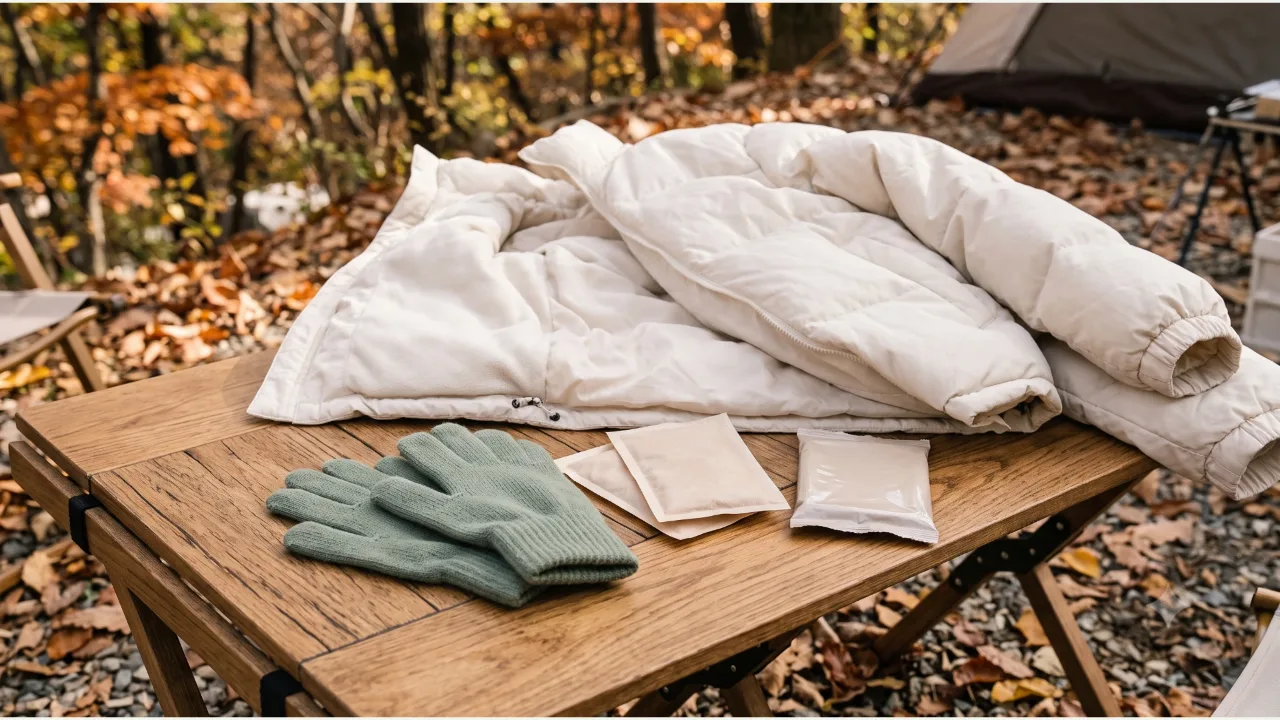 A cream coat and sage gloves laid out on a camping table in the forest, with a small hand warmer and white packaging