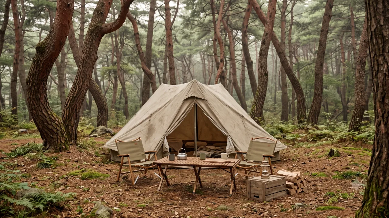 A beige canvas tent with its door open in a pine-forest campsite, with a folding wooden table and two chairs in front