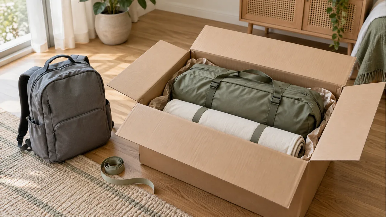 An open cardboard box containing a sage camping bag and a rolled cream mat with a grey backpack and coiled tape beside it