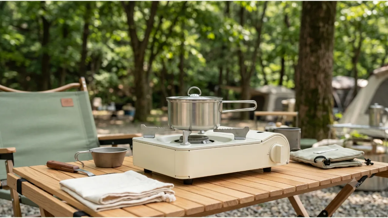 A small stainless steel pot on a cream portable gas stove on an outdoor wooden table