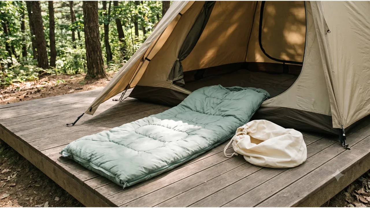 A sage-colored sleeping bag spread on the dry wooden deck in front of a tent entrance, with a cream stuff sack