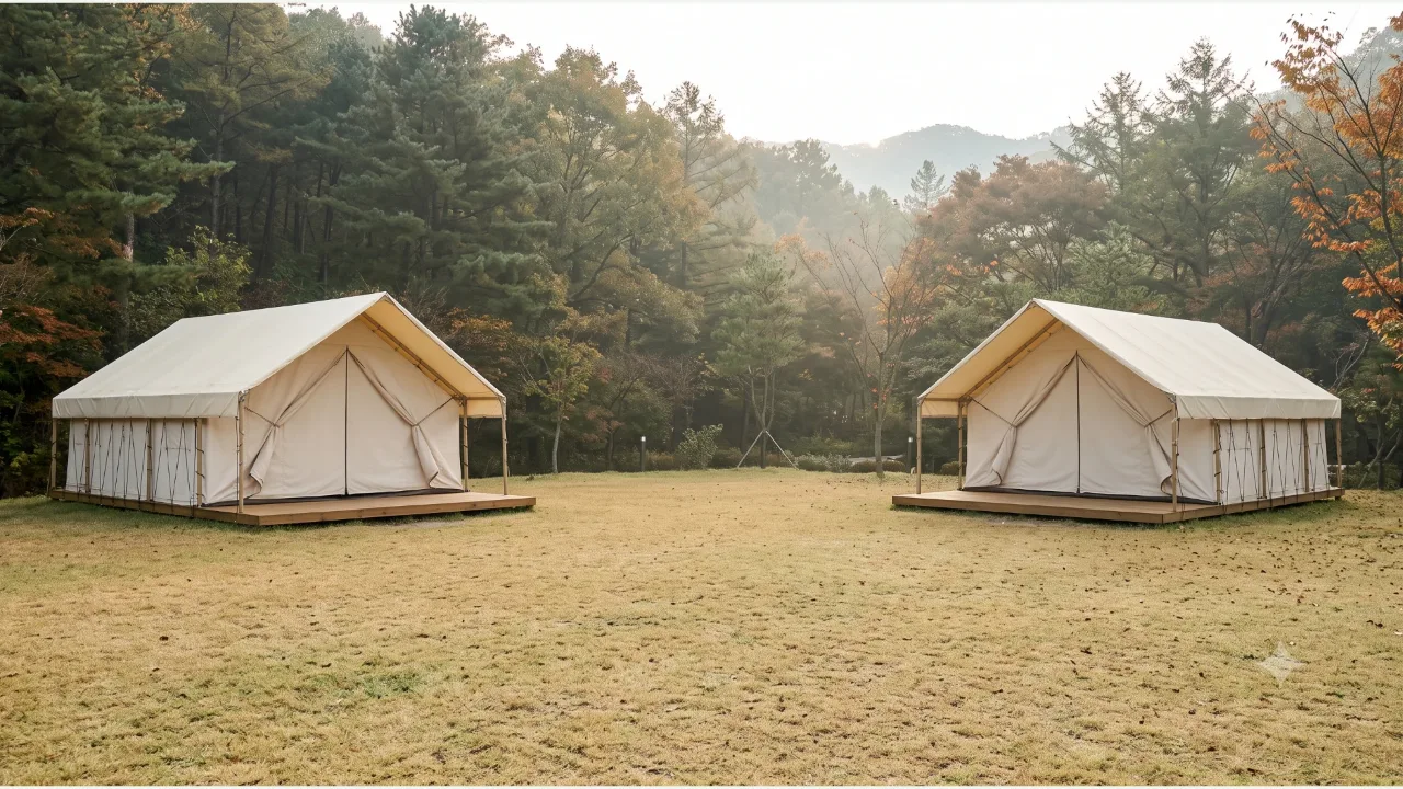 숲속 잔디 위에 넓은 간격으로 세워 둔 크림색 글램핑 천막 두 동