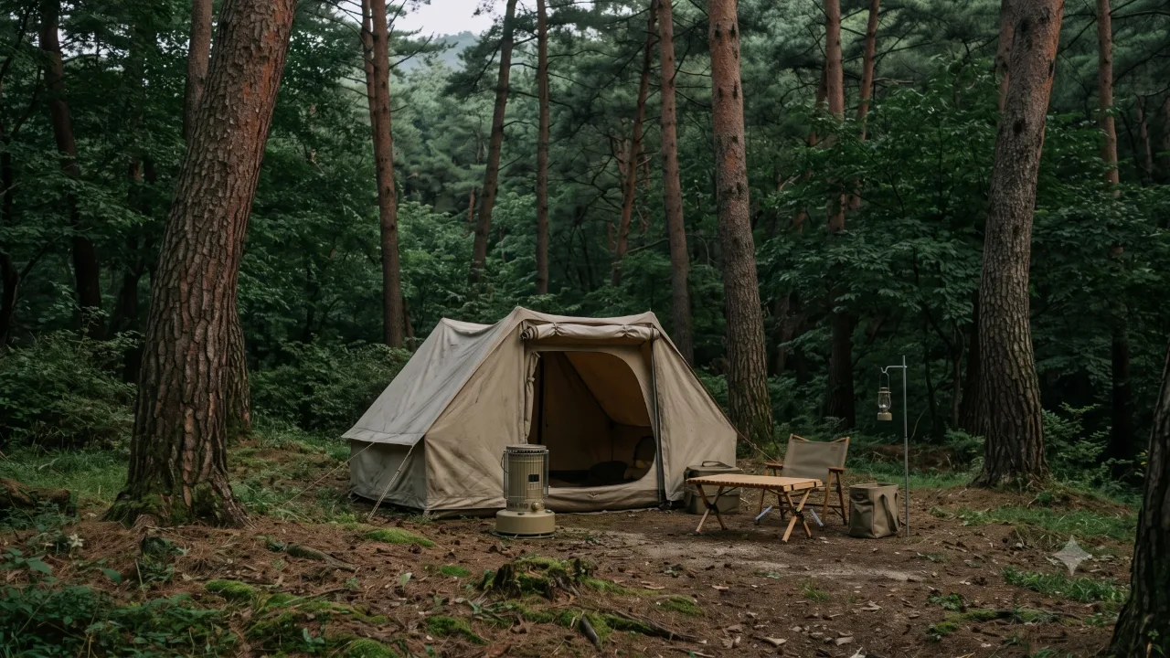 A beige tent with its door rolled up and, on the ground outside the tent, a small switched-off heater