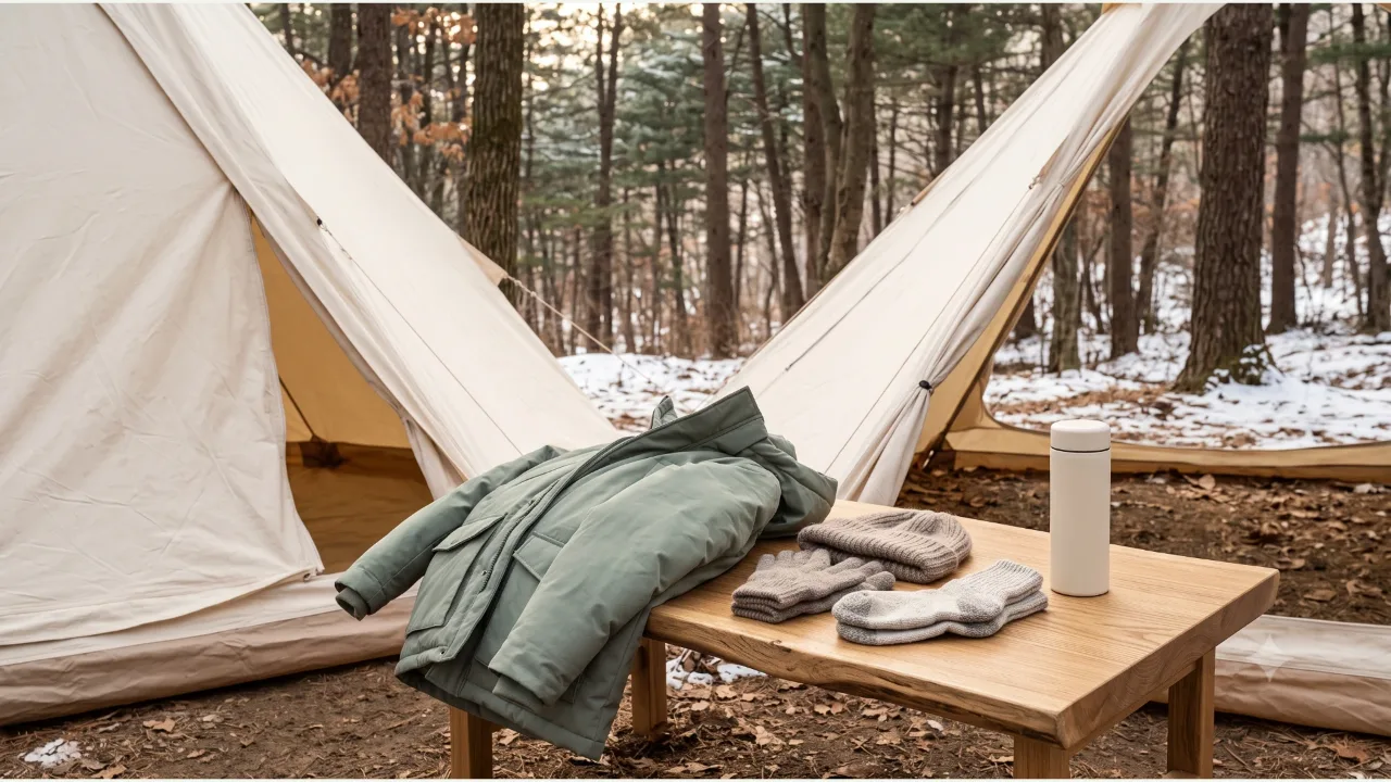 A sage-colored coat, hat, gloves, socks, and a cream thermos on a table in front of a tent in a forest with snow remaining