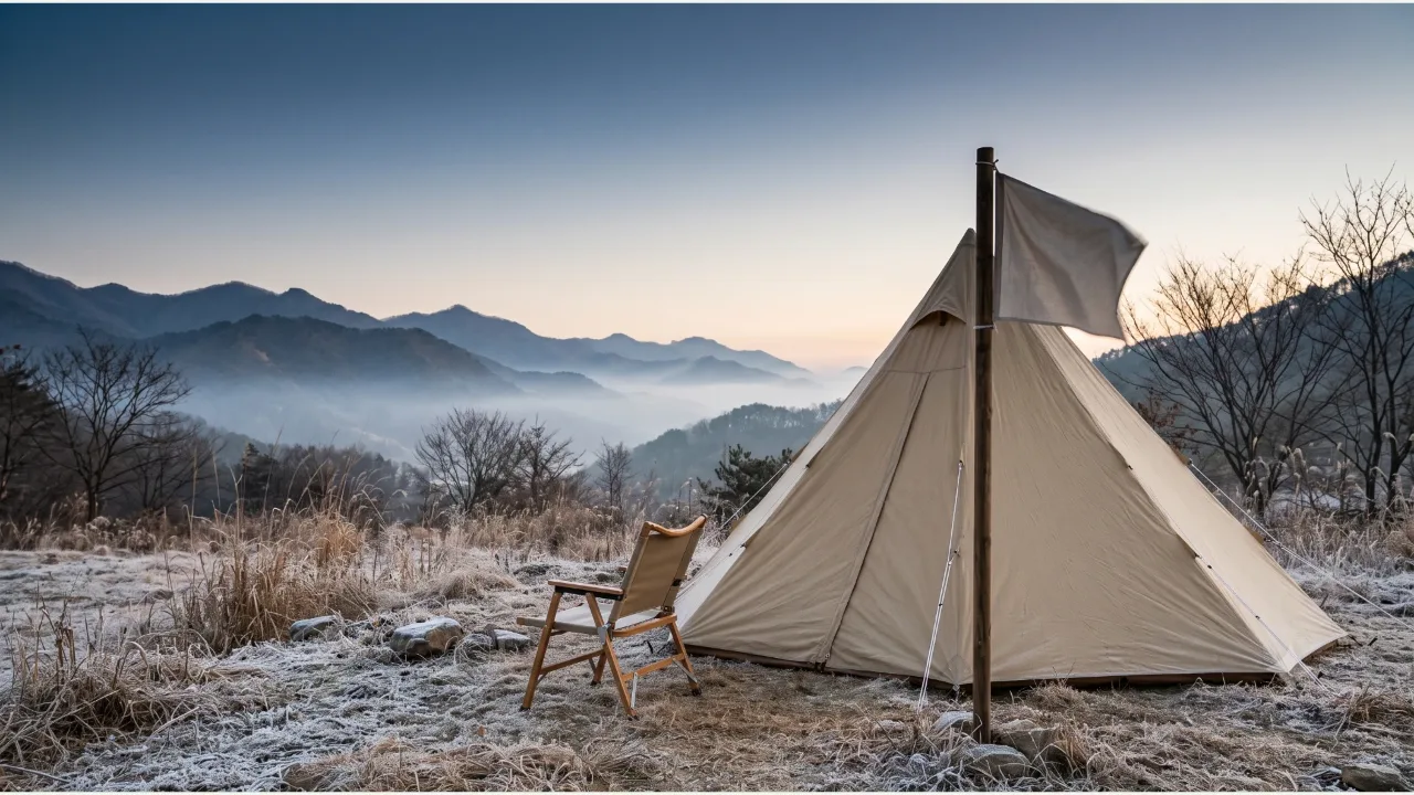 A beige tent on frosty grass just before sunrise, with a plain flag on a pole flapping in the wind, a folding chair in front, and a misty ridge in the distance